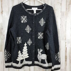 Christopher & Banks Christmas Cardigan Sweater Gray Size Large